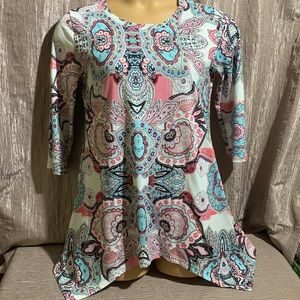 Mirol Top Knit Blouse White Blue Pink Black Size M Handkerchief Hem
